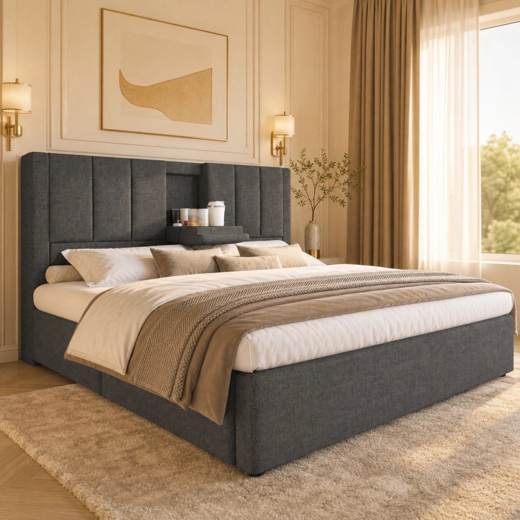 Letto matrimoniale imbottito 180 × 200 cm con contenitore idraulico lino grigio ricarica USB e portabicchieri