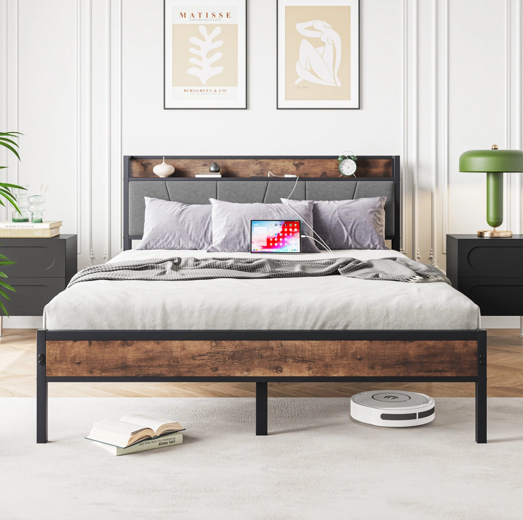 Letto 140x200 cm con LED, USB e presa, testiera contenitore in MDF e metallo