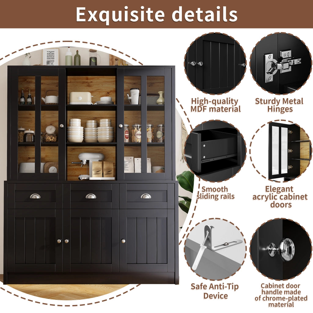 Vetrina da cucina alta in MDF nero con ante in acrilico; ripiani regolabili e chiusura ammortizzata; 140 × 38.5 × 175 cm