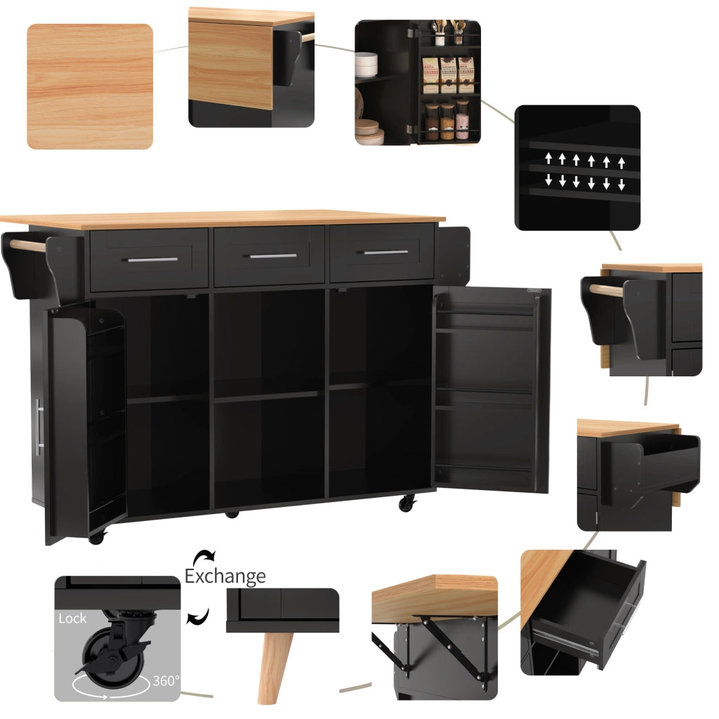 Carrello da cucina con 3 cassetti, ripiani regolabili e piano pieghevole per cucina, nero, 139 × 46(71) × 91,5 cm