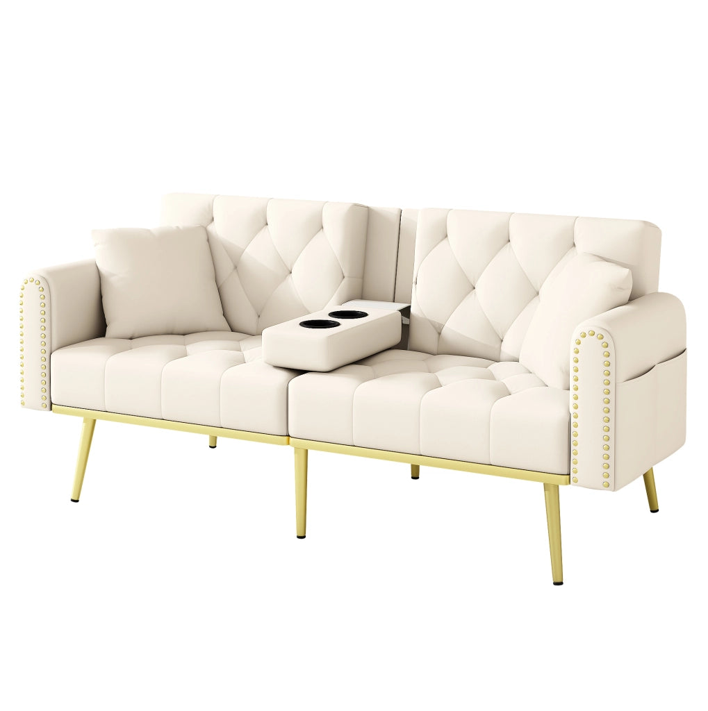 Divano letto 175 x 80 x 73，5 cm in velluto beige， 3 inclinazioni e portabicchieri