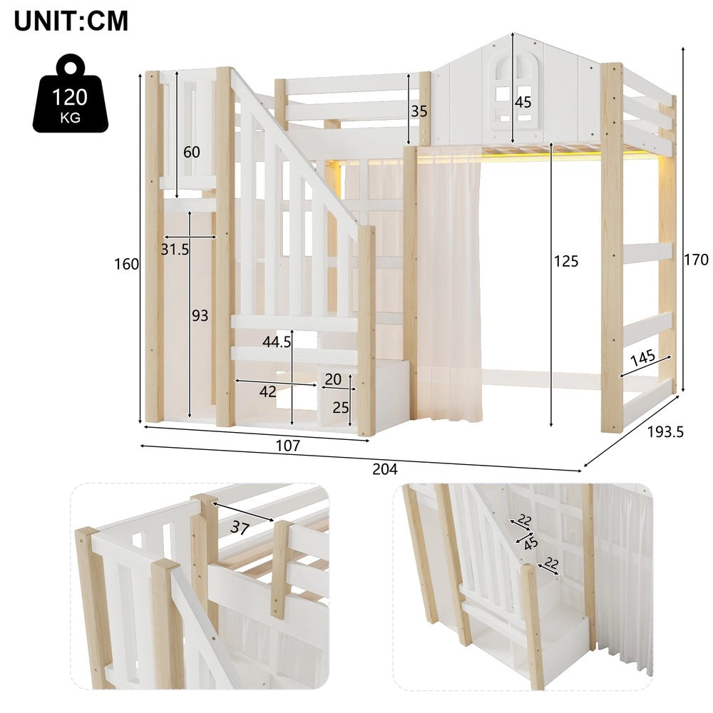 Letto a soppalco ¨C Minimal ¨C 140x200cm, bianco, legno pino, con luci LED, senza materasso