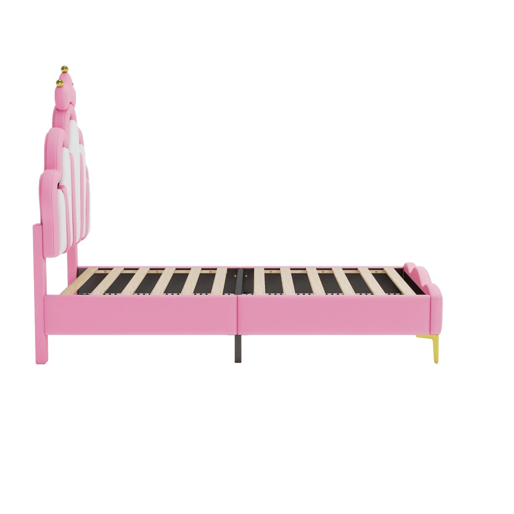 Letto 90 × 200 cm con testiera a corona; illuminazione LED regolabile e rete a doghe; rivestito in PU rosa