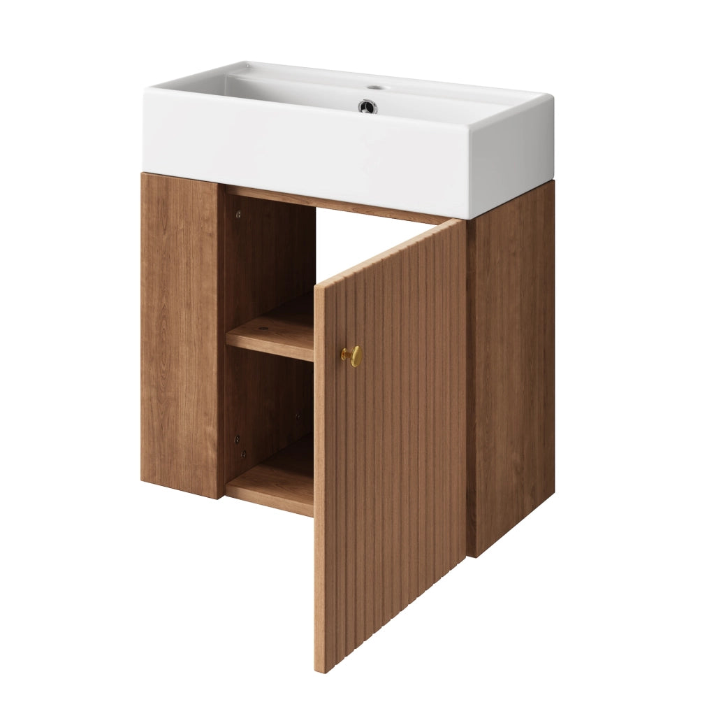 Mobile bagno sospeso bianco con lavabo in ceramica lucida 55 cm per piccoli spazi
