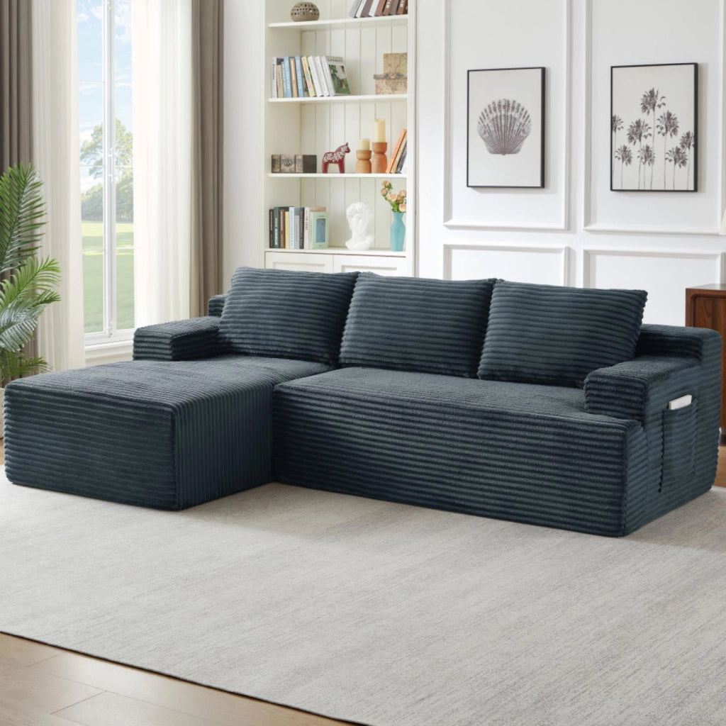 Divano a L, divano senza struttura, divano letto modulare, seduta profonda e confortevole, grigio scuro