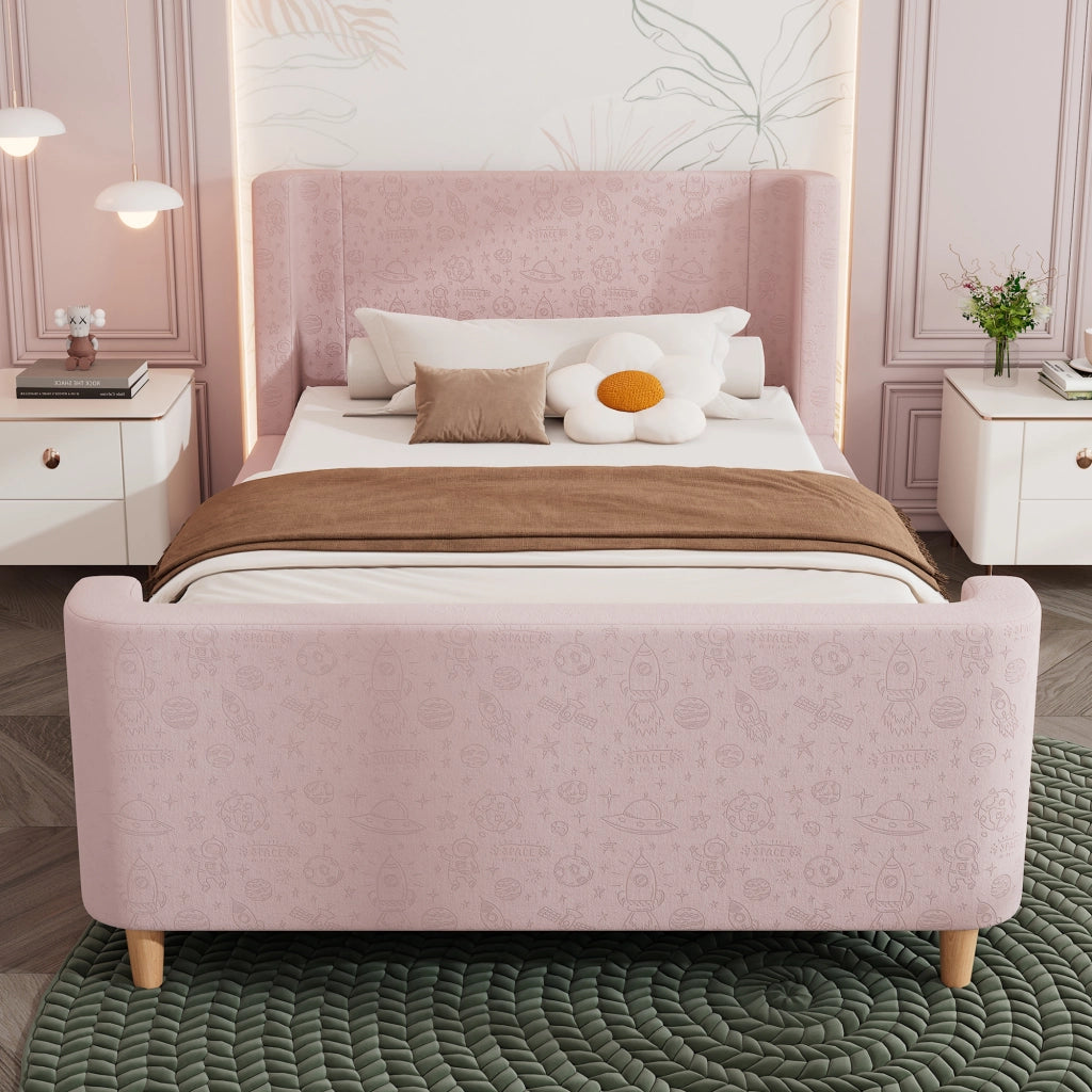 Letto singolo 90 × 200 cm con testiera imbottita e motivo spaziale rivestito in velluto rosa con rete a doghe
