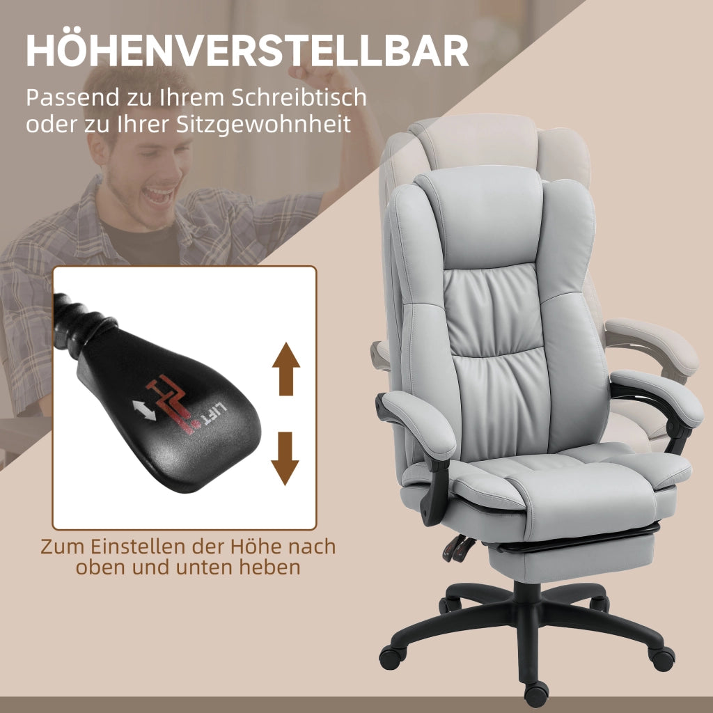 Sedia da ufficio ergonomica con massaggio; schienale reclinabile; poggiapiedi e rotazione 360° in similpelle - grigio chiaro
