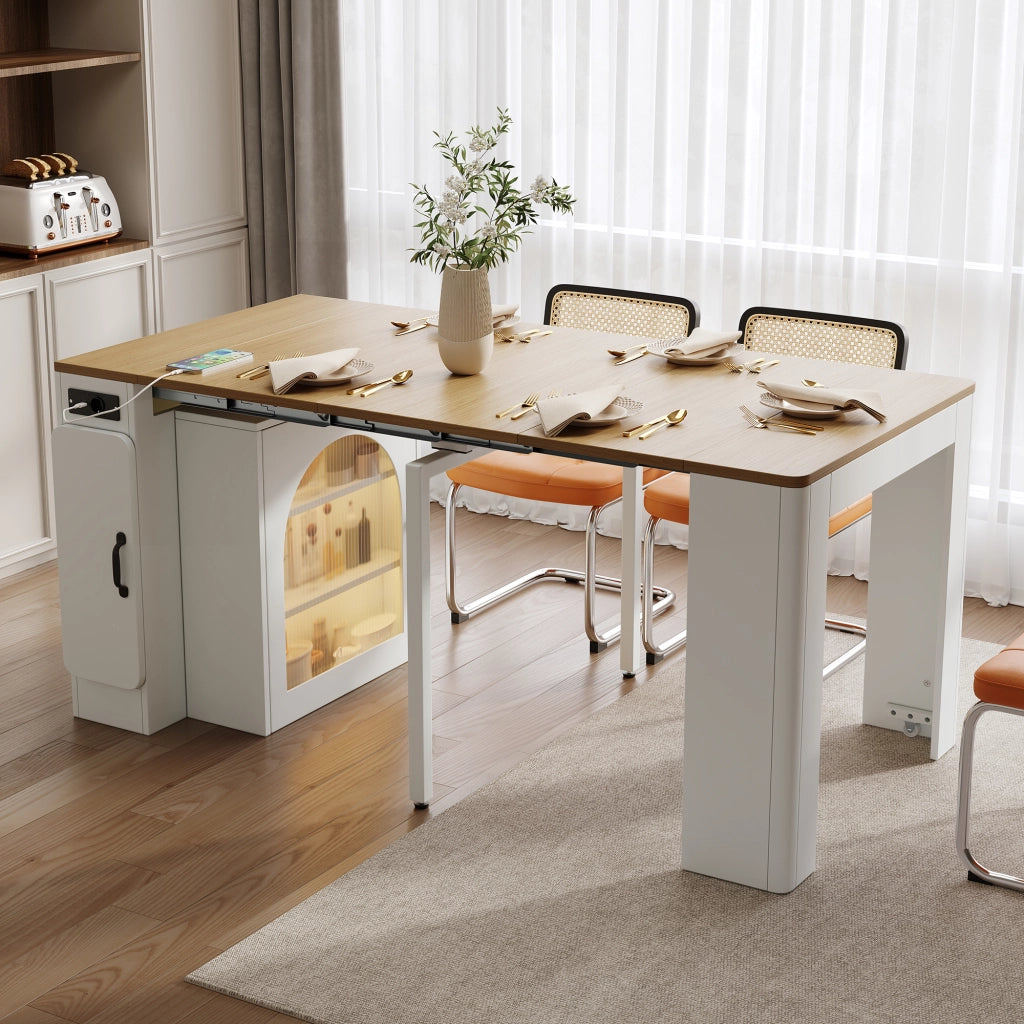 Tavolo allungabile con tre piani; ruote nascoste; prese USB e Type-C; MDF; naturale e bianco