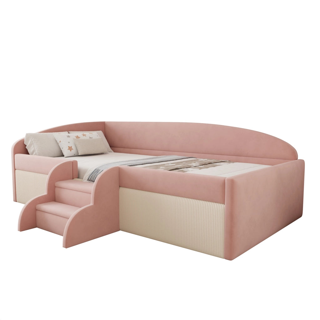 Letto imbottito per bambini 90x190 cm rosa e bianco con gradini e sponde