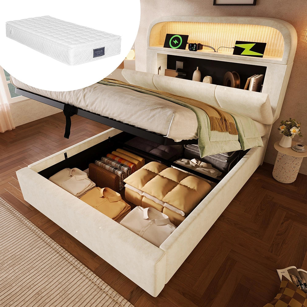 Letto Singolo Idraulico 90x200cm - Xylo - Testiera Regolabile LED con USB, Velluto Beige