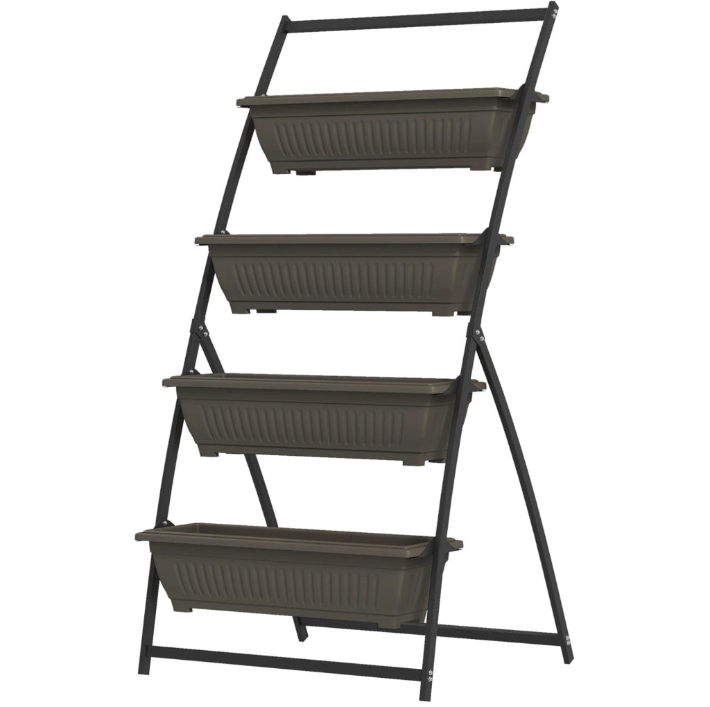 Supporto per piante a 4 livelli in acciaio con vasi in plastica, marrone, 76 x 79 x 162 cm