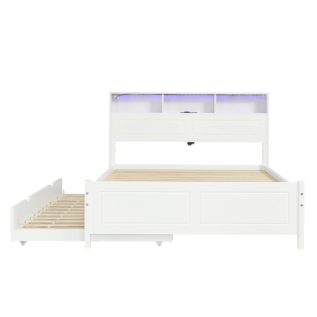 Letto matrimoniale con letto estraibile, testiera con presa di ricarica, luci LED e contenitore, bianco, 214x128,5x91,5 cm