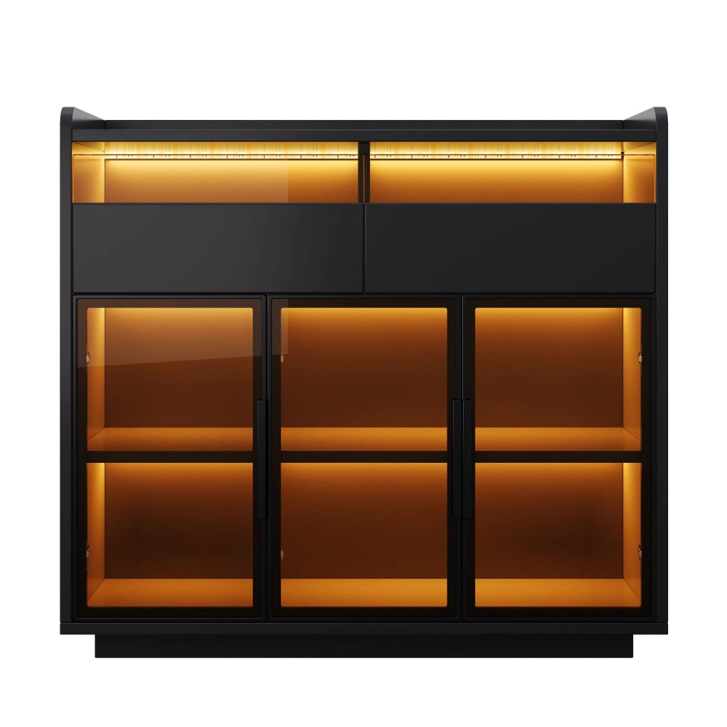 Vetrina - Credenza - Cantinetta - Ante in vetro - Illuminazione a LED - 2 cassetti - Nero