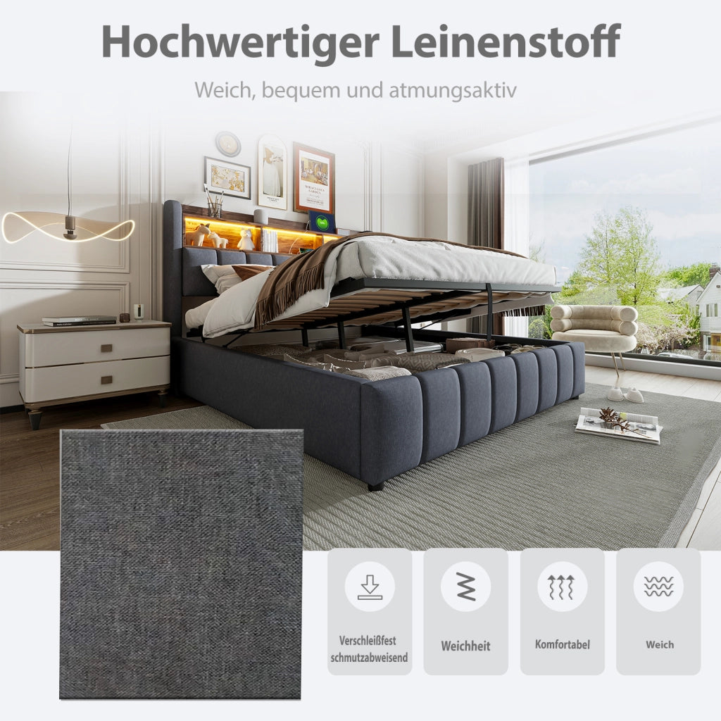Letto contenitore 180 × 200 cm imbottito con LED variabili USB e USB-C testiera con vani rivestito in tessuto grigio