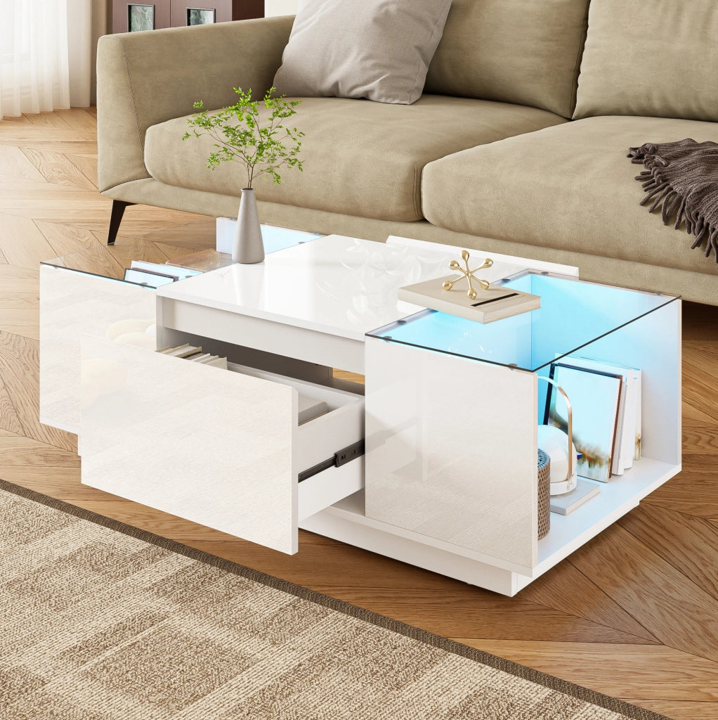 Tavolino moderno bianco 105x50x35 cm con ripiani in vetro, LED RGB e 2 cassetti