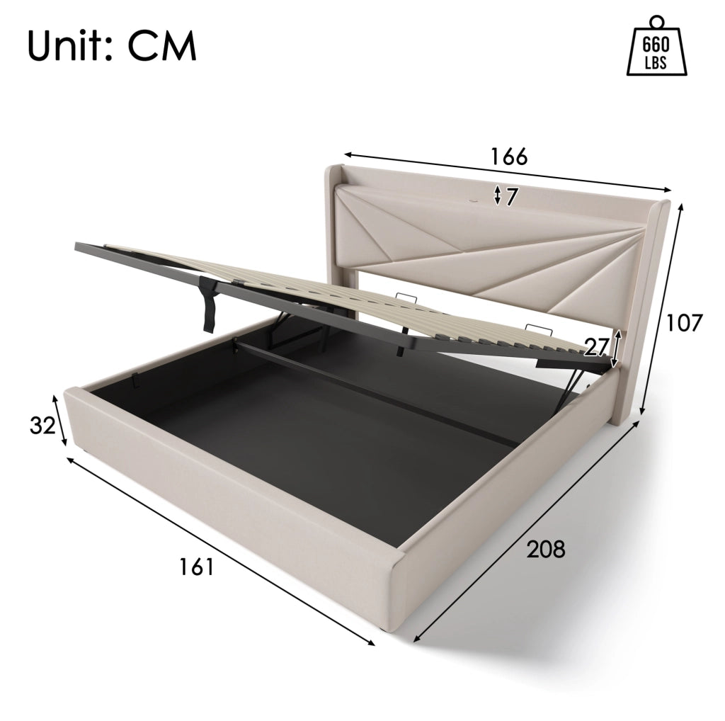 Letto matrimoniale con contenitore 160x200 cm con pannello imbottito, funzione di ricarica USB Tipo C e rete a doghe, struttura in lino senza materasso
