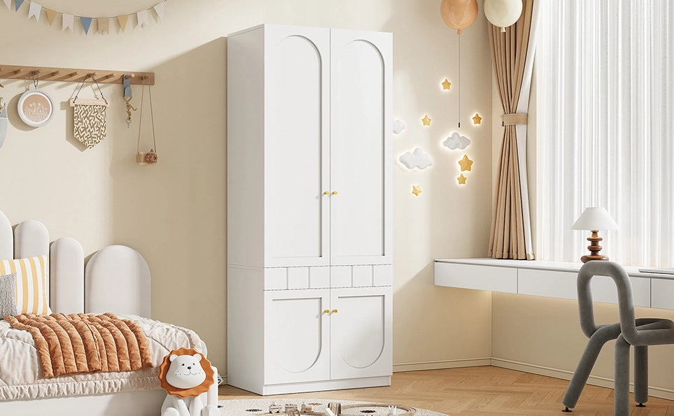 Set di 2 armadi bianchi laccati con 2 ante, appendiabiti e cassetti, 80×50×200 cm ciascuno