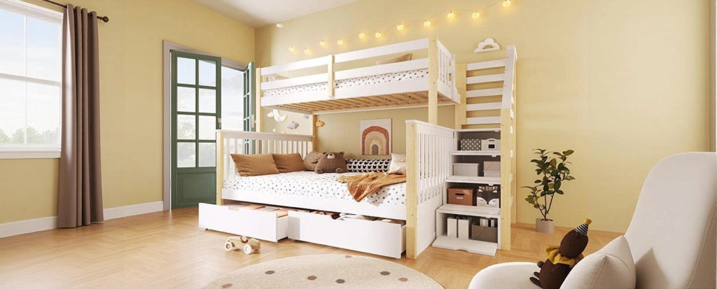 Letto a castello in pino massello 90x200/140x200 con cassetti e spazio salvaspazio, bianco e naturale, senza materasso