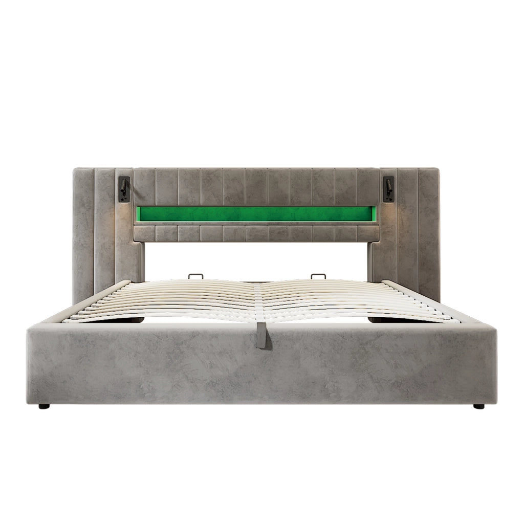 Letto contenitore 180 × 200 cm imbottito con LED porte USB lampade da comodino rivestito in velluto grigio