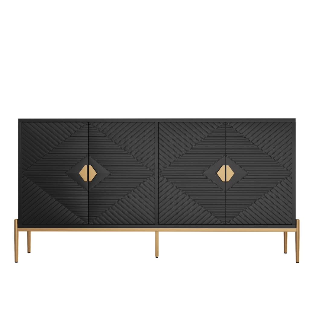 Sideboard moderno in nero con motivi geometrici, 162x40x80 cm, struttura in PB e MDF, gambe in metallo