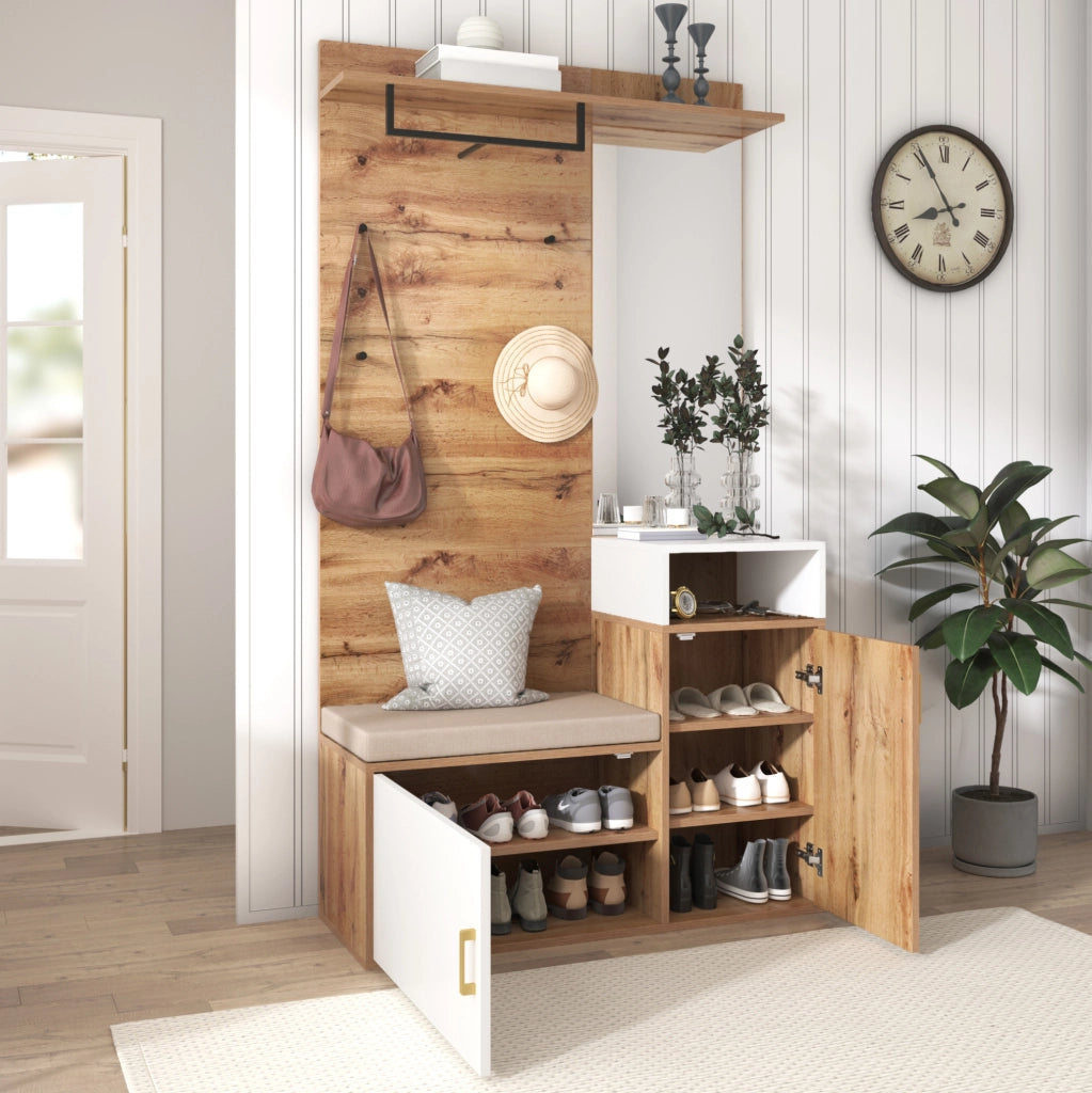 Set da ingresso bianco e legno con specchio, scarpiera, appendiabiti, panca e ganci