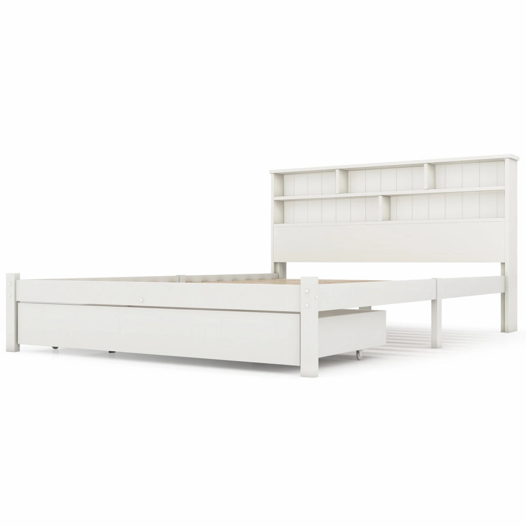 Letto matrimoniale 140x200 cm in legno massello bianco con cassetti e testiera libreria