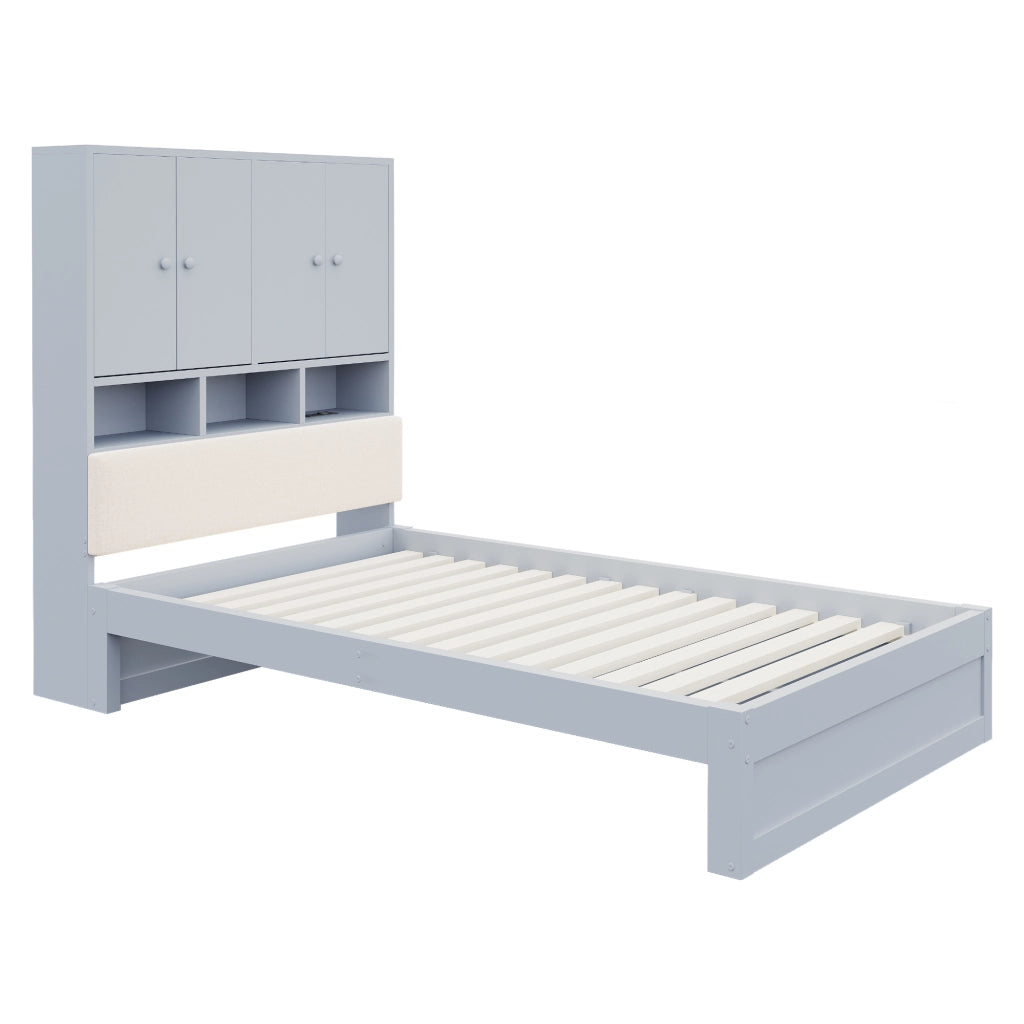 Letto singolo 90 × 200 cm con contenitore testiera imbottita luci led e presa in legno grigio