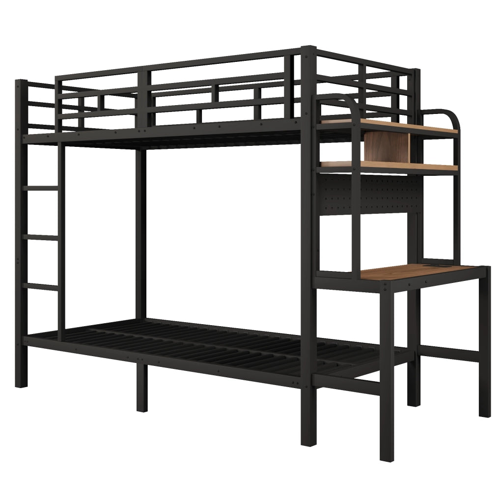 Letto a castello 90 × 200 cm 1 posto con scrivania; mensole; LED e USB; senza materasso; in metallo nero