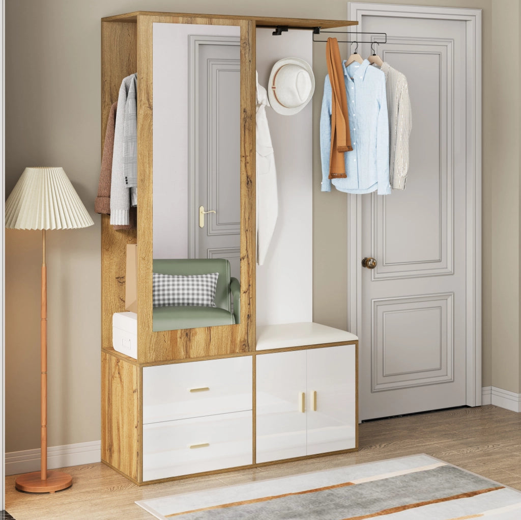 Set Appendiabiti Bianco e Legno con Specchio, Panca Scarpe e Grucce Estraibili, 100x38x180 cm