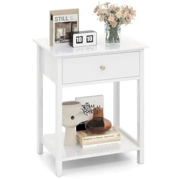 Wooden Bedside Table with Drawer Sofa Table with Open Shelf Mid-Century Style Multifunctional Side Table White