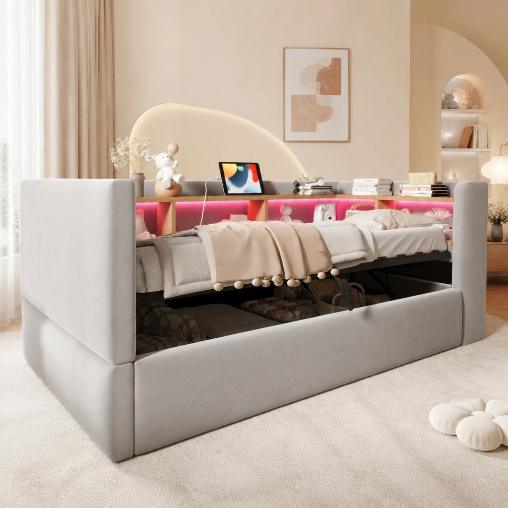Divano letto imbottito 90x190 cm con LED, prese e contenitore