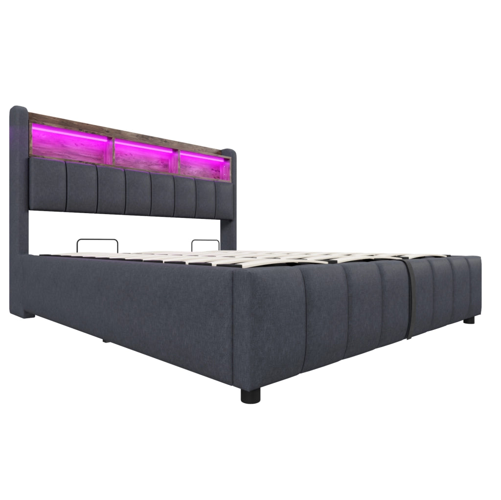 Letto imbottito 180x200 cm con LED; contenitore; USB e Type-C; grigio