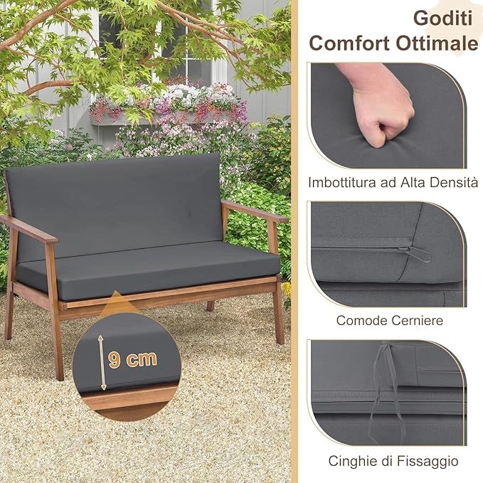 Set di Conversazione da Esterno in 4 Pezzi, Set da Divano in Legno di Acacia con Cuscini Morbidi per Sedile e Schienale, Tavolino da Caffè Rettangolare, per Patio Giardino Piscina (Grigio)