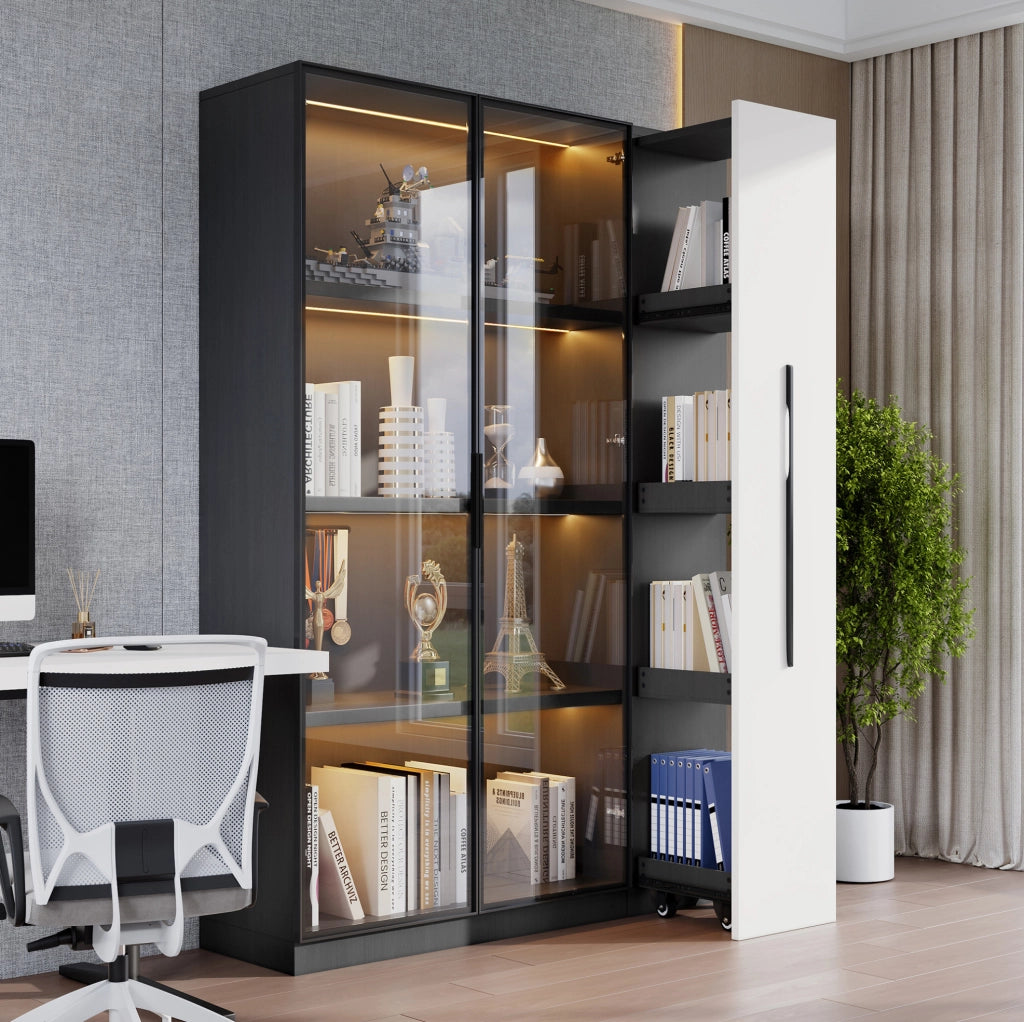 Vetrina con LED e modulo estraibile 110;5x35x160 cm in MDF e vetro; bianco e nero