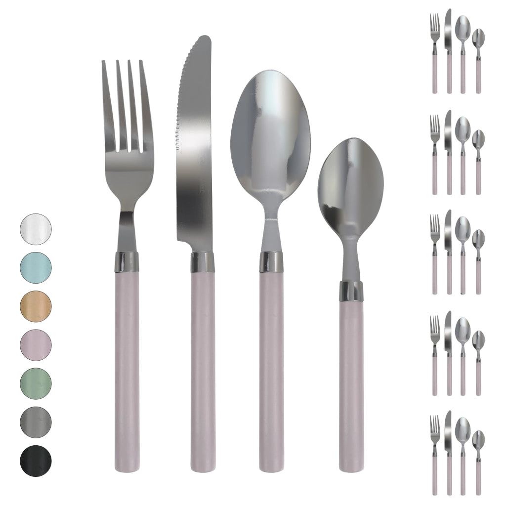 Servizio 24 Pezzi Posate Tavola Acciaio Inox Manici Colorati Tinta Unita Colori Moderni 6x Forchetta Coltello Cucchiaio Cucchiaino Lavabili Lavastoviglie Certificate Contatto Alimenti - Glicine