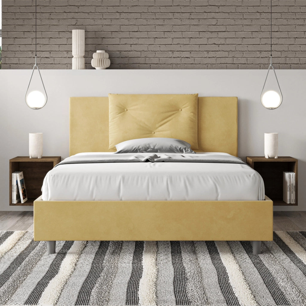 BS COM Letto queen size con rete imbottito 150x190 microfibra ocra