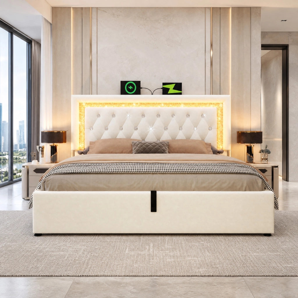 Letto 180x200 cm con LED, USB e contenitore idraulico in velluto beige