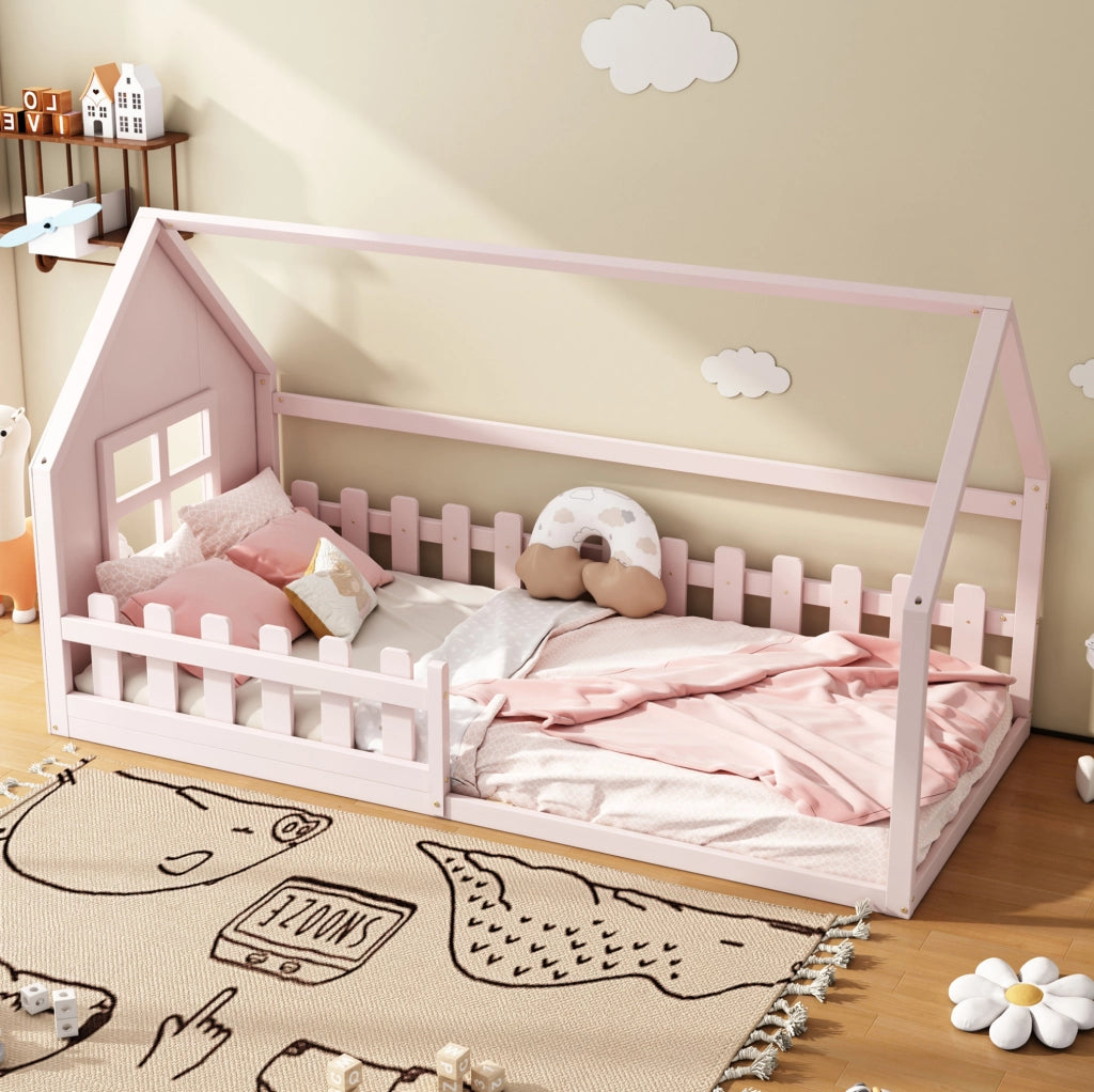 Letto per bambini 90x200 cm in pino e MDF, design a casetta, colore rosa