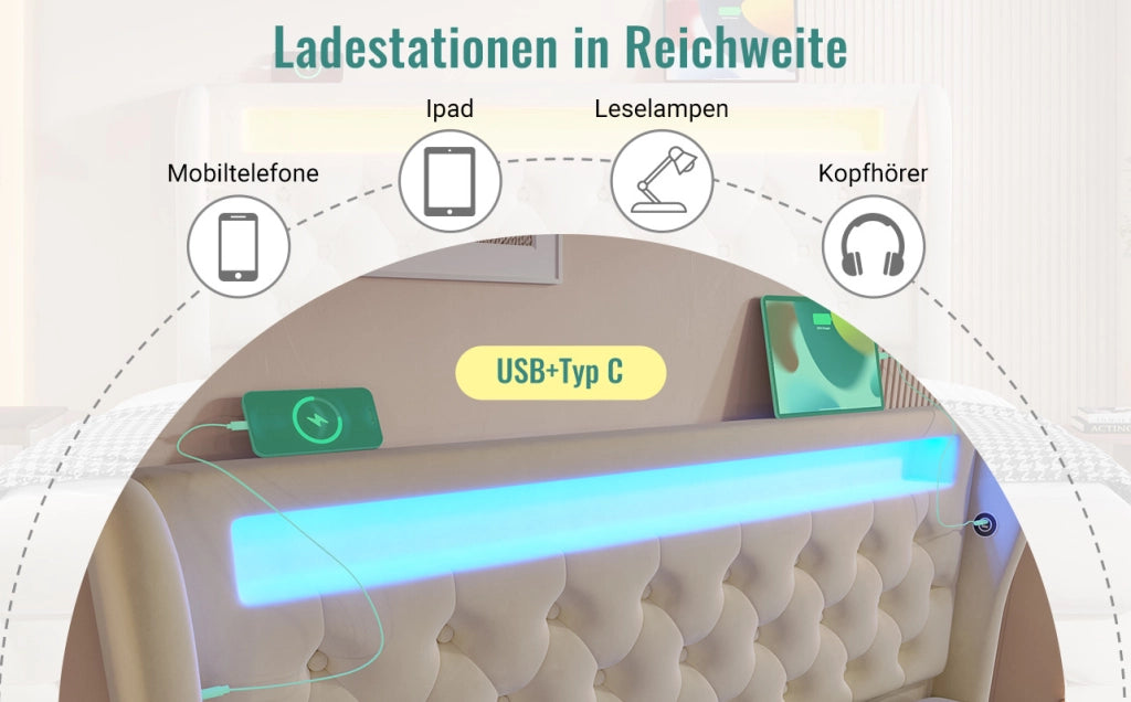 Letto imbottito matrimoniale beige 140x190 cm con LED, porta USB e Type-C, contenitore idraulico in velluto senza materasso