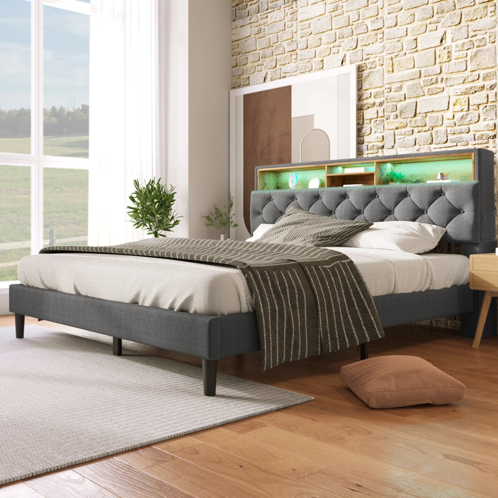 Letto matrimoniale 140 × 200 cm con testiera contenitore LED e rete a doghe in legno grigio senza materasso