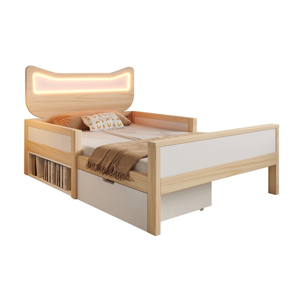 Letto singolo per bambini 90x200 cm con testiera gatto LED RGB; cassetto e scomparto HOMVRA