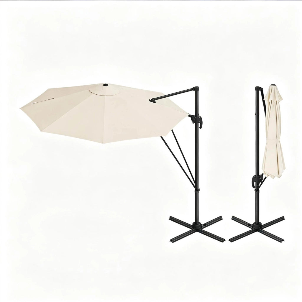 Ombrellone rotondo da balcone beige con base incrociata in metallo, 3 m di diametro, per giardino e terrazza
