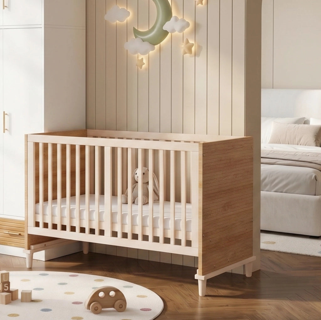 Letto a sbarre per bambini in legno con rete regolabile in 5 altezze colore naturale senza materasso