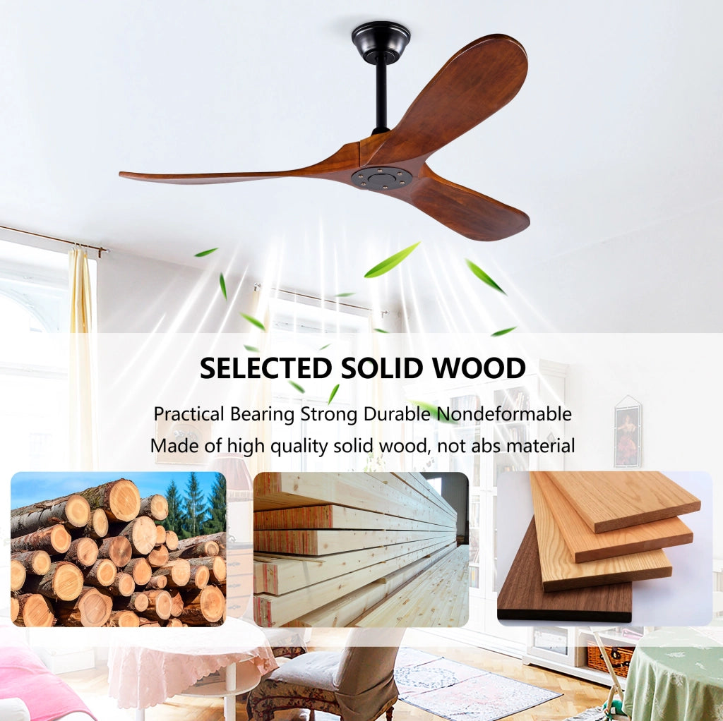Ventilatore da soffitto 132 cm con 3 pale in legno di acero, motore DC silenzioso, telecomando e funzione memoria, finitura noce