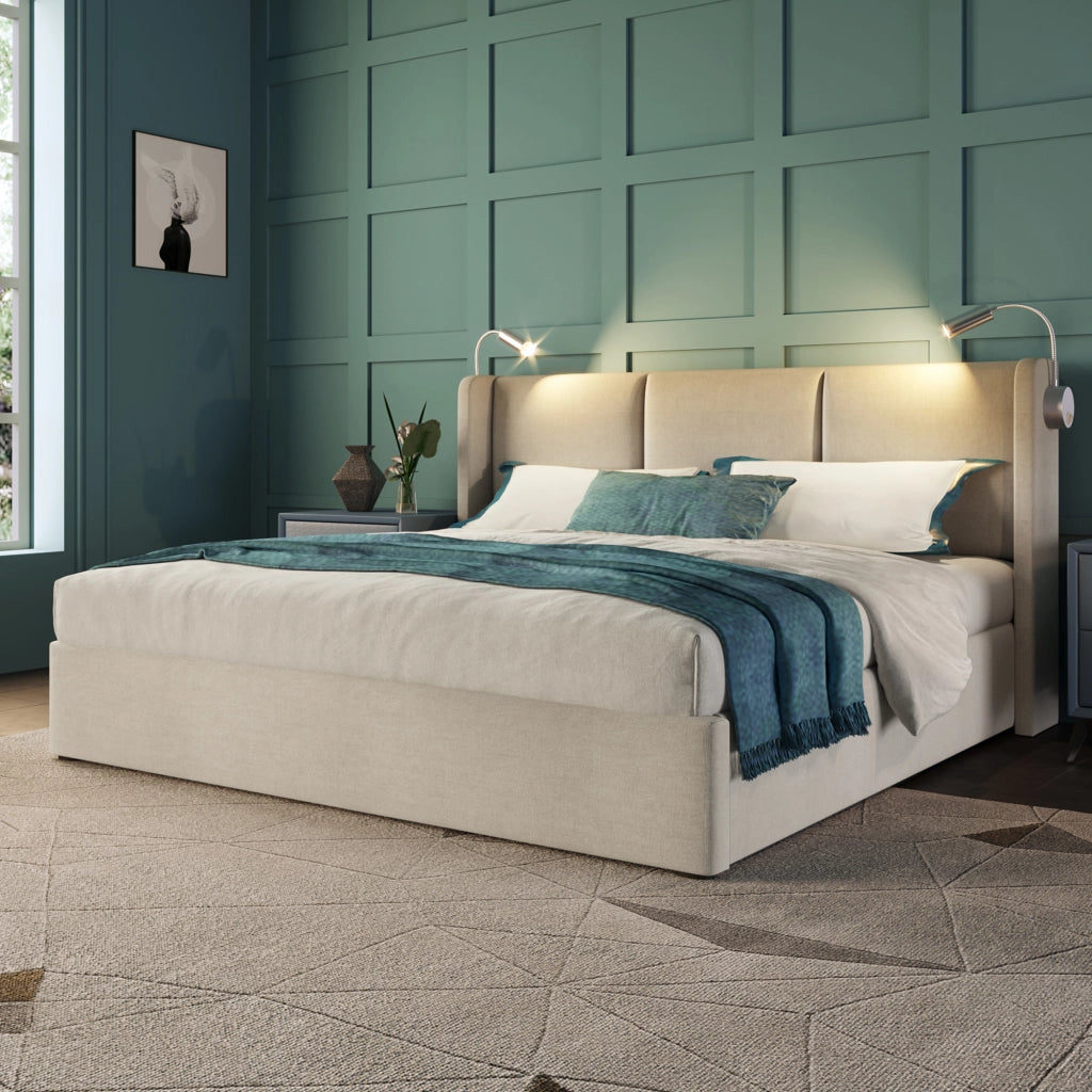Letto matrimoniale imbottito 140 ¡Á 200 cm con contenitore luce da lettura USB in lino beige