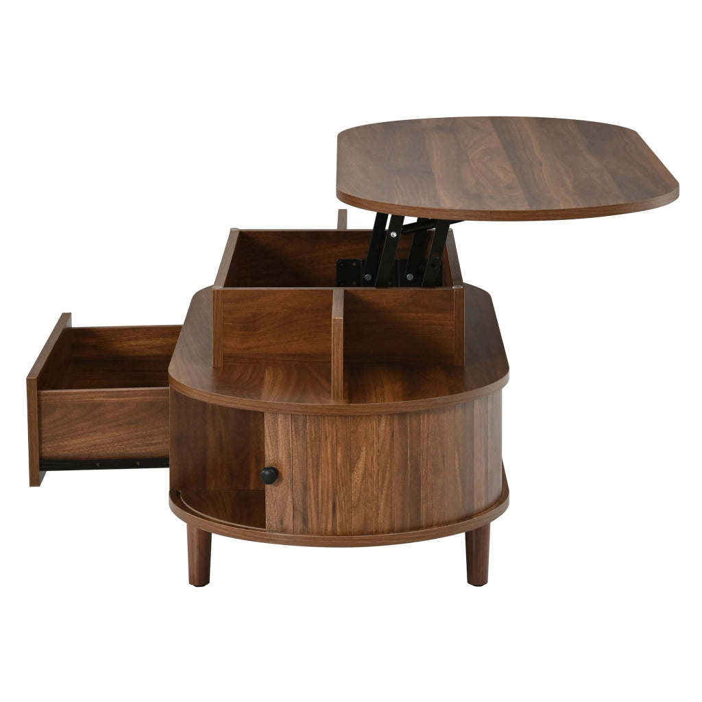 Tavolino da caffè ovale 105x50x60.5 cm con piano sollevabile idraulico in MDF noce