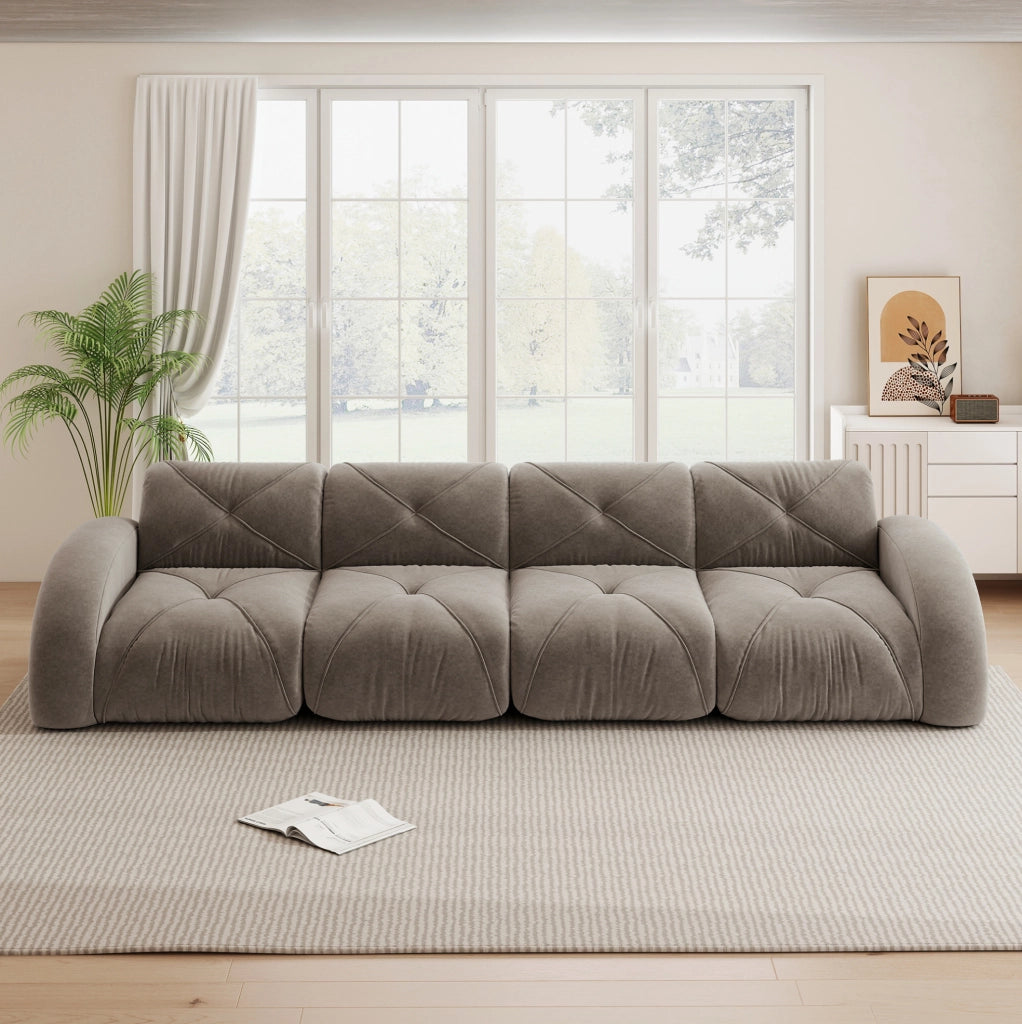 Divano modulare 358x95x76 cm in ciniglia tortora, senza montaggio