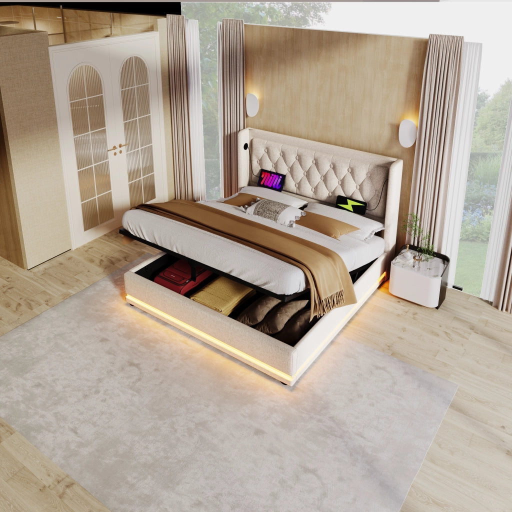 Letto matrimoniale contenitore beige 160 x 200 cm con rete sollevabile