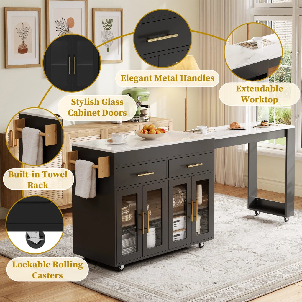 Tavolo alto da cucina estraibile con mobili contenitore; ripiani regolabili; ruote e freni in MDF nero 132.5–217 × 50 × 93 cm