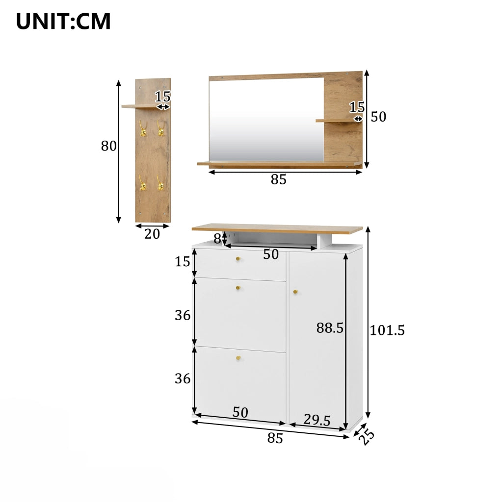 Set guardaroba da ingresso 3 pezzi con specchio, mensola cappelli e scarpiera con illuminazione LED, 4 ganci, bianco e naturale, 105x25x151,5 cm
